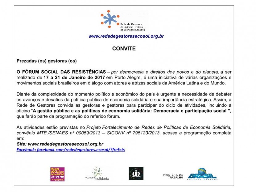 Rede de Gestores participa do Fórum Social das Resistências – Confira Programação e Participe das Atividades