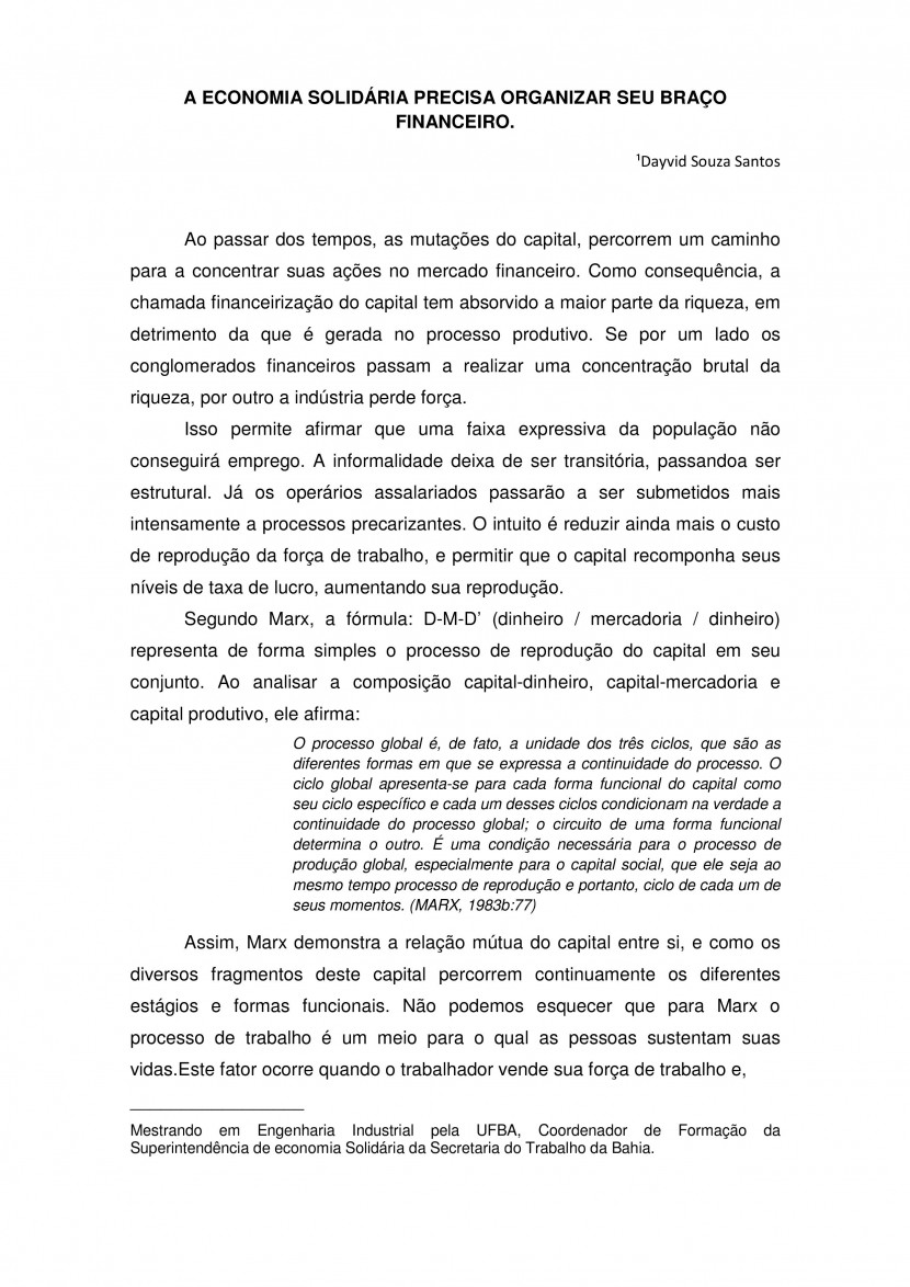 A Economia Solidária Precisa Organizar seu Braço Financeiro