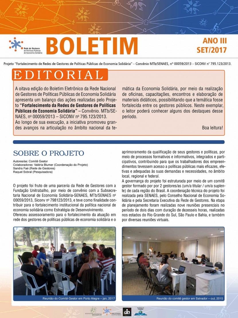 Confira o 8º Boletim Eletrônico da Rede de Gestores de Políticas Públicas de Economia Solidária