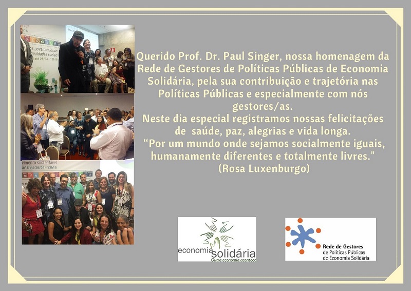 Felicitações ao Prof. Paul Singer