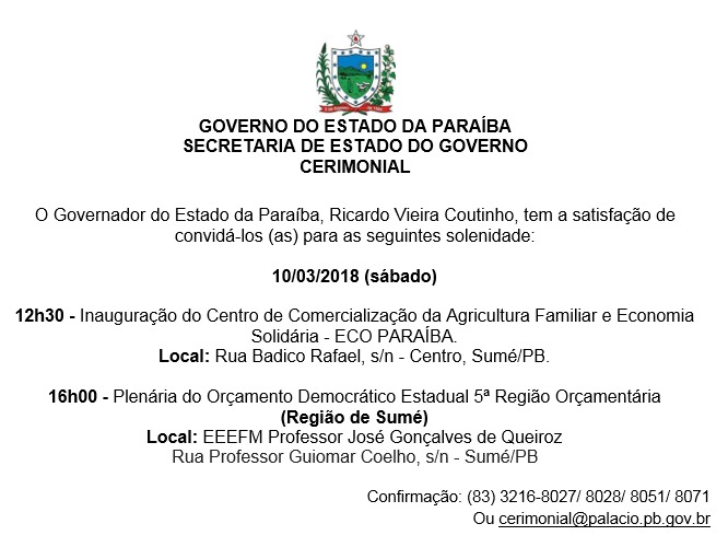 Convite de Inauguração do Centro de Comercialização da Agricultura Familiar e Economia Solidaria do Estado da PB