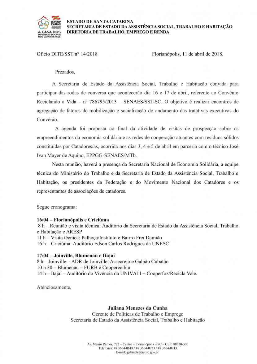 Convite de Rodas de Conversa de Economia Solidária em SC.