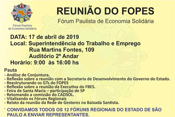 Reunião do FOPES Fórum Paulista de Economia Solidária